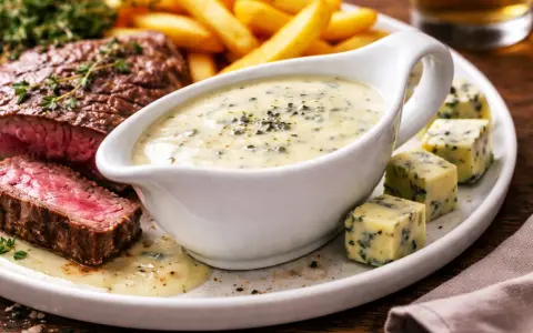 Steak juteux avec frites et une sauce au bleu crémeuse, parfaite pour accompagner.