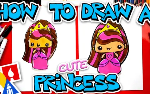 Uroczy rysunek księżniczki w różowej sukience i złotej koronie. Obok napisy "HOW TO DRAW A CUTE PRINCESS".