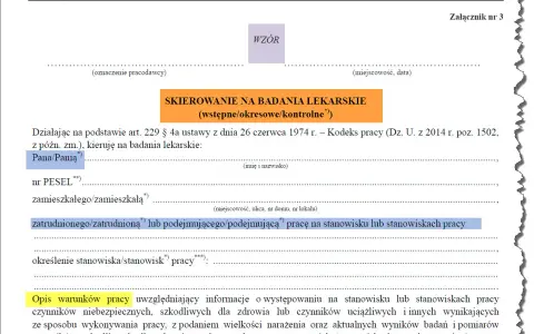 Skierowanie na badania lekarskie pracownika, zawierające dane osobowe i opis stanowiska pracy.