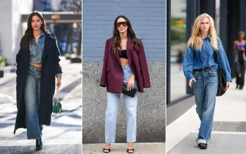 Trzy kobiety prezentują stylowe stylizacje z jeansami: w płaszczu i jeansowej kurtce, w marynarce i z topem, oraz w jeansowej koszuli.