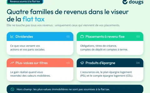 Quatre familles de revenus concernées par la flat tax : dividendes, placements à revenu fixe, plus-values sur titres et produits d'épargne.