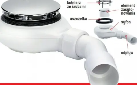 Rozłożony syfon w brodziku: pokrywa, kołnierz, uszczelka, element zasysywania, syfon i odpływ.