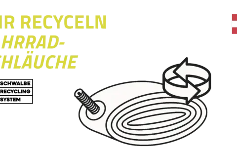Wir recyceln Fahrradschläuche. Ein aufgerollter Schlauch mit Ventil und Recycling-Symbol.