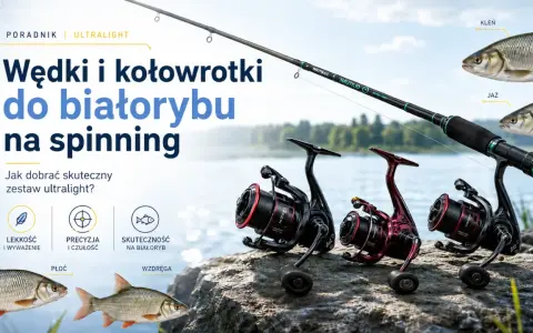 Jaka wędka na spinning? Poradnik ultralight o wędkach i kołowrotkach do białorybu. Zestaw z kołowrotkami i wędką na tle jeziora.