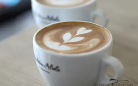 Zwei Tassen mit Latte Art, ein Herzmuster auf dem cremigen Schaum. Der perfekte Cappuccino für einen gemütlichen Morgen.