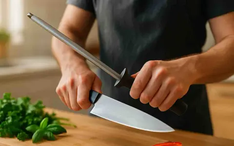 Persona afila un cuchillo con una chaira, preparándose para cortar hierbas frescas y un tomate en una tabla de madera.