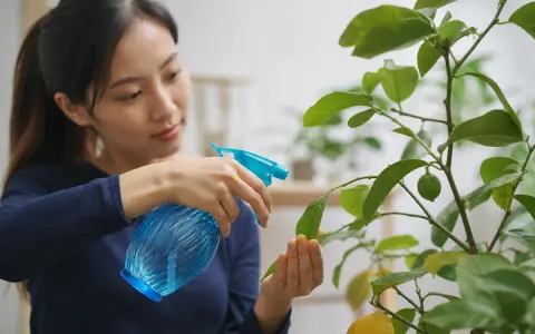 Une femme arrose son citronnier avec un vaporisateur. Elle prend soin de ses feuilles, comme si elle utilisait du savon noir pour le citronnier.