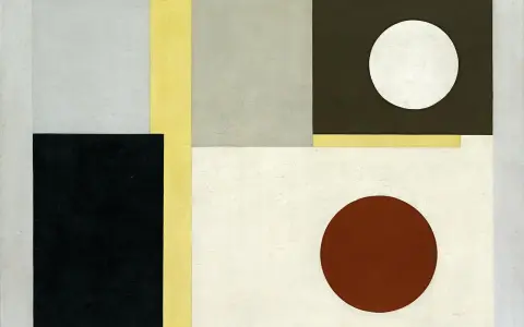 Abstract composition by Ben Nicholson featuring geometric shapes and circles in muted tones.