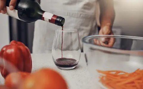 Rotwein wird in ein Glas gegossen, bereit für die Zubereitung eines köstlichen Gerichts. Die Frage, welchen Wein zum Kochen, ist nun beantwortet.