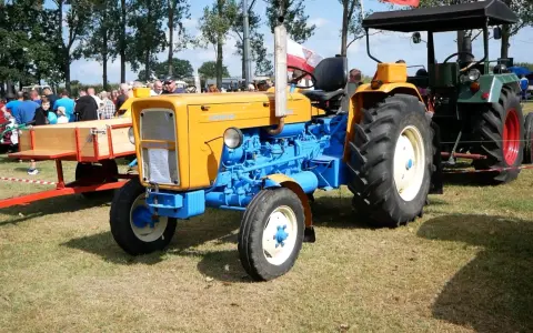 Żółto-niebieski Ursus C-360 na zlocie. Zastanawiasz się, ile oleju do skrzyni C 360?