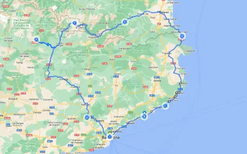 A scenic road trip from Barcelona, winding through the Pyrenees, coastal towns like Cadaqués, and historic cities like Girona.
