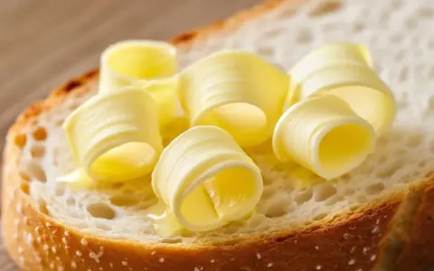 Ein Stück Brot mit aufgerollten Butterlocken. Die Butter schmilzt leicht und glänzt. Ein Genuss für den Gaumen, der an Kalium erinnert.