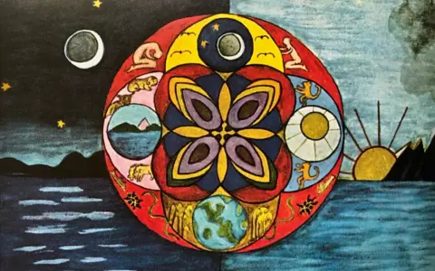 Mandala z symbolami dnia i nocy, ziemi i nieba, przypominająca karty **as kielichów tarot**.