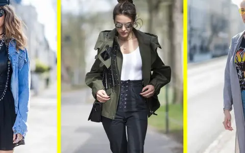 Tre donne sfoggiano un outfit casual: giacca di jeans, giacca verde militare e cappotto lungo grigio.