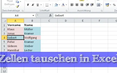 Excel-Tabelle mit Namen. Zeile 4 mit "Gebert" ist hervorgehoben. Hier wird gezeigt, wie man excel zeilen tauschen kann.