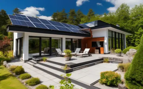 Une maison basse consommation avec des panneaux solaires sur le toit, une terrasse moderne et un jardin verdoyant.