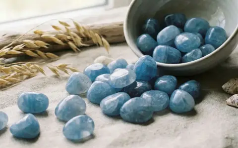 Tumbled quarzo blu, con il suo significato di calma e chiarezza, sparge serenità su un tessuto grezzo, accanto a spighe di grano e conchiglie.