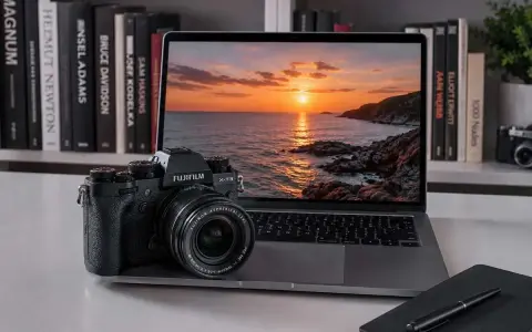 Fujifilm X-T3 accanto a un laptop con tramonto sul mare. Libri di fotografia sullo sfondo.