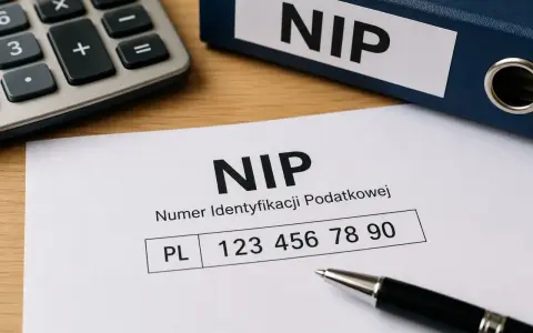Numer identyfikacji podatkowej, czyli NIP, to ważny dokument. Na zdjęciu widać formularz z numerem NIP, kalkulator i segregator z napisem NIP.