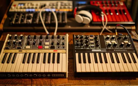Deux synthétiseurs, l'un blanc et l'autre noir, sont alignés. Leurs claviers et boutons invitent à explorer les mondes analogique et numérique de la musique.