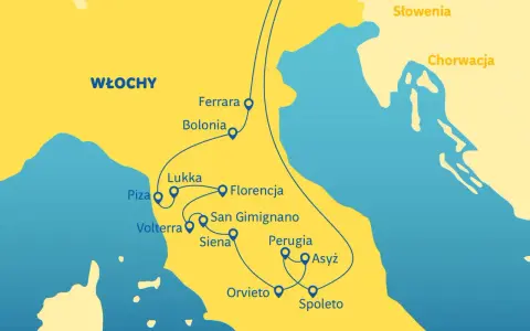 Mapa Włoch z zaznaczonymi miastami: Ferrara, Bolonia, Lukka, Florencja, Piza, Siena, Perugia, Asyż, Orvieto, Spoleto. Emilia Romagna widoczna na mapie.