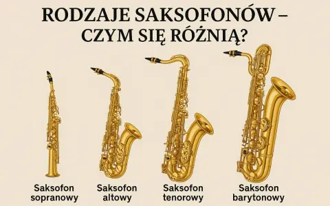Cztery saksofony: sopranowy, altowy, tenorowy i barytonowy, różnią się wielkością i kształtem, pokazując, jak wygląda saksofon.