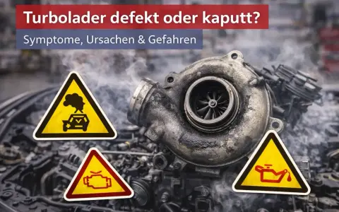 Ein defekter Turbolader mit Warnsymbolen: Rauch aus dem Auspuff, Motorkontrollleuchte und Ölverlust. Ursachen für einen Turbolader defekt sind vielfältig.