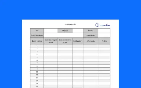 Tabela "Lista Obecności" do ewidencji czasu pracy, zawiera kolumny: Rok, Miesiąc, Norma, Stanowisko, Imię i Nazwisko, Dzień miesiąca, Czas rozpoczęcia pracy, Czas zakończenia pracy, Ilość godzin, Informacja, Podpis.