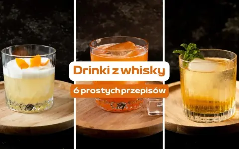 Trzy drinki z whisky: jeden z pianką i skórką pomarańczy, drugi pomarańczowy z lodem, trzeci złoty z miętą.