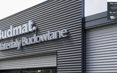 Nowoczesna elewacja z blachy falistej budynku Budmat. Materiały Budowlane.