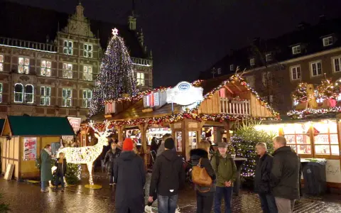 Menschen genießen den festlich beleuchteten weihnachtsmarkt bocholt mit einem großen Weihnachtsbaum und einem Rentier aus Lichtern.