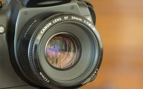 La fotocamera sfocata dopo caduta mostra un obiettivo Canon EF 50mm 1:1.8.