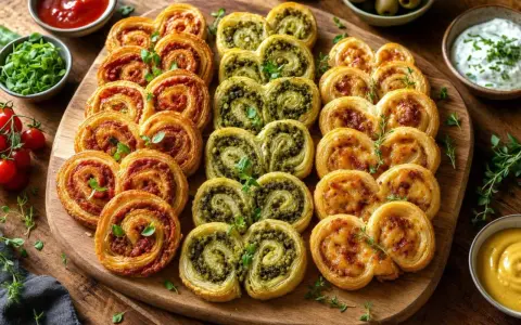 Plateau de feuilletés en forme de cœur, parfaits pour un apéro. Des palmiers à la tomate, au pesto et au fromage.