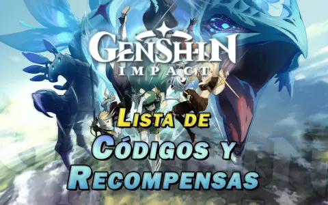 Lista de códigos y recompensas de Genshin Impact. Personajes y dragones en un fondo épico.