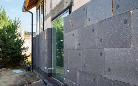 Graue Dämmplatten werden an der Hauswand angebracht, um das Haus zu isolieren.