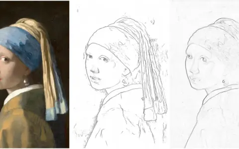 Retrato con líneas de la joven de la perla, mostrando la obra original y dos interpretaciones en boceto.