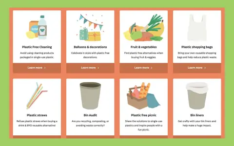 Eight cards offer tips for reducing plastic waste, from cleaning supplies to bin liners, promoting alternatives to heavy duty plastic.