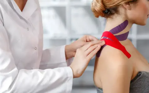 Fizjoterapeuta aplikuje czerwone i fioletowe tejpy na ramieniu i szyi pacjentki. Czy tejpy mogą zaszkodzić? Zastosowanie ich wymaga wiedzy.