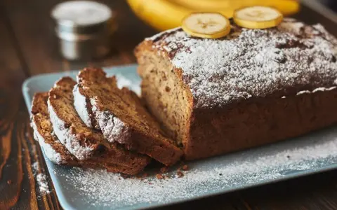 Wilgotne ciasto bananowe, posypane cukrem pudrem, z plasterkami banana na wierzchu, prezentuje się apetycznie na talerzu.