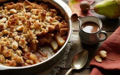 Un délicieux crumble poire chocolat, garni de noix et de morceaux de chocolat, prêt à être dégusté avec une sauce au caramel.