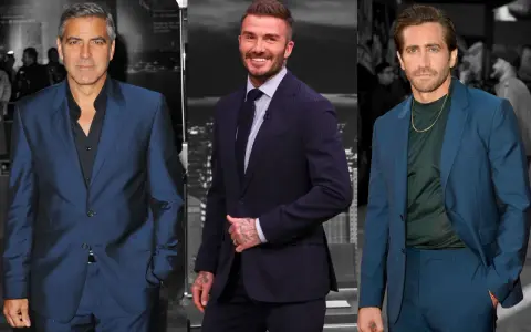 George Clooney, David Beckham und Jake Gyllenhaal in blauen Anzügen. Welches Hemd passt am besten? Clooney trägt ein schwarzes Hemd, Beckham ein gestreiftes Hemd mit Krawatte, Gyllenhaal ein dunkles grünes Hemd.