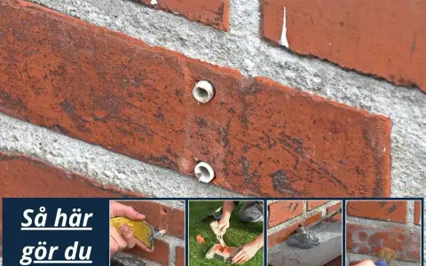 Så här lagar du mur utomhus. Bilden visar steg för att laga en tegelvägg utomhus, med fokus på att reparera sprickor och fogar.