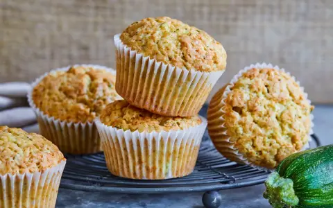 Saftige zucchini-muffins auf einem Gitter, daneben eine frische Zucchini.