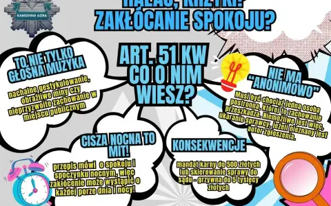Grafika informuje o zakłócaniu spokoju, hałasie i krzykach. Podkreśla, że cisza nocna to mit, a zakłócenie może wystąpić o każdej porze dnia i nocy.