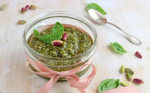 Un vasetto di pesto di pistacchi, decorato con un nastro rosa e guarnito con foglie di basilico e pistacchi interi, pronto per essere gustato.