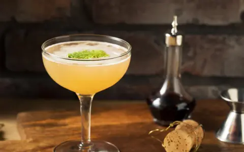 En läcker cocktail med mynta, en flaska mörk vätska och en kork. En klassisk old cuban.