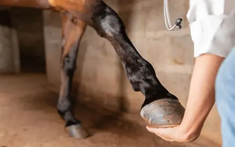 Un vétérinaire examine les tendons d'un cheval dans une écurie.