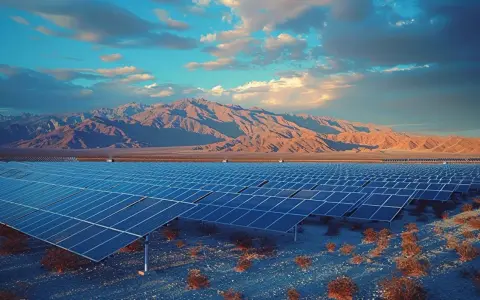 Vaste champ de panneaux solaires dans un paysage désertique, avec des montagnes en arrière-plan. Un panneau solaire hydraulique capte l'énergie du soleil.