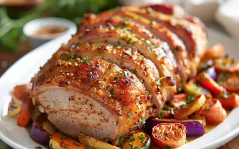 Rôti de porc Cookeo, tranché et servi avec des légumes rôtis colorés. Un plat savoureux et appétissant.