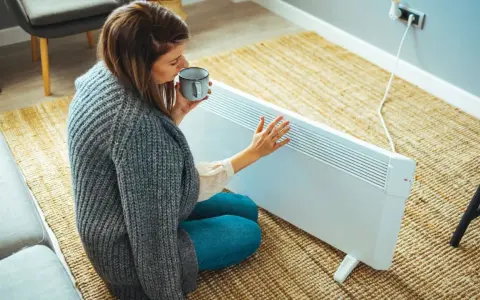 Mujer con taza de té cerca de un calefactor eléctrico, una solución para la alternativa al gas en un piso.